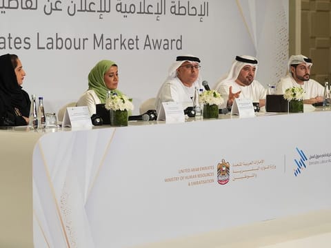 (From left) Noura Mohammed Almarzougi, Assistant Undersecretary for Policy & Strategic Affairs, Ayesha Mohammed Ahmed Belharfia, Acting Undersecretary for Emiratisation Affairs, Dr. Abdulrahman Abdulmannan Al Awar, Minister of Human Resources & Emiratisation, Khalil Ibrahim Al Khoori, Undersecretary for Human Resources, and Ibrahim Ahmad Shukralla, Director of Government Communication Department, at the Emirates Labour Market Award media briefing on May 10, 2023. 