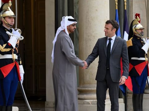 UAE President His Highness Sheikh Mohamed bin Zayed  is received by Emmanuel Macron, President of France, prior to a meeting at the Elysee Palace.