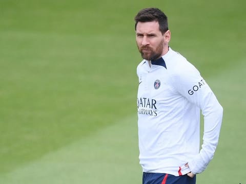 Lionel Messi attends a training session of the French Ligue 1 football club Paris Saint-Germain (PSG) in Saint-Germain-en-Laye, in the north-western outskirts of Paris, on May 12, 2023. 