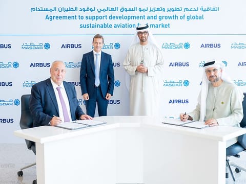 The Masdar-Airbus deal will also apply to the development of 'direct air capture' technologies as well as green hydrogen. Dr Sultan Ahmed Al Jaber, UAE Minister of Industry and Advanced Technology, Chairman of Masdar and COP28 President-Designate pictured at the signing with Masdar and Airbus officials. 