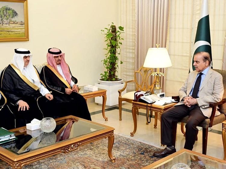 Saudi Deputy Interior Minister Dr. Nasser bin Abdul Aziz Al Dawood and Saudi Ambassador Nawaf bin Said Al Malki in a meeting with Pakistani Prime Minister Shehbaz Sharif in Islamabad on May 17, 2023. 