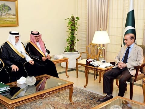 Saudi Deputy Interior Minister Dr. Nasser bin Abdul Aziz Al Dawood and Saudi Ambassador Nawaf bin Said Al Malki in a meeting with Pakistani Prime Minister Shehbaz Sharif in Islamabad on May 17, 2023. 