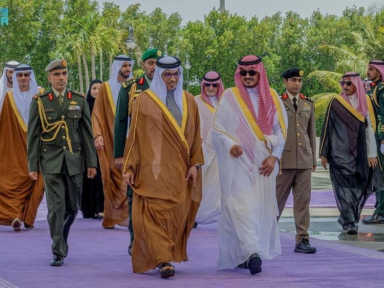 Sheikh Mansour bin Zayed Al Nahyan arrives to attend the Arab League Summit in Jeddah on May 19, 2023.  