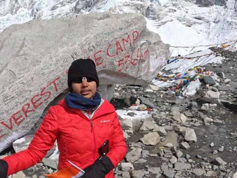 Dubai based student Sanchi Singla, 14, poses for a photographer after scaling the Everest Base Camp