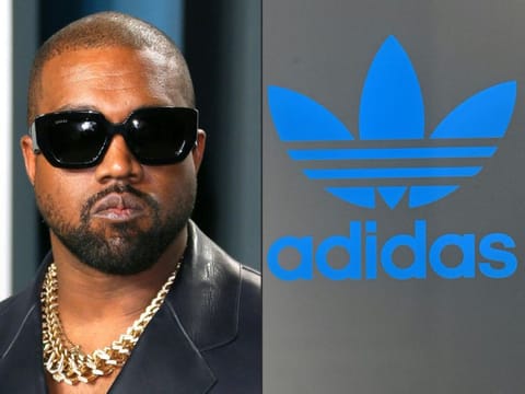 This combination of pictures created on October 25, 2022 shows Kanye West attending the 2020 Vanity Fair Oscar Party in Beverly Hills  on February 10, 2020.