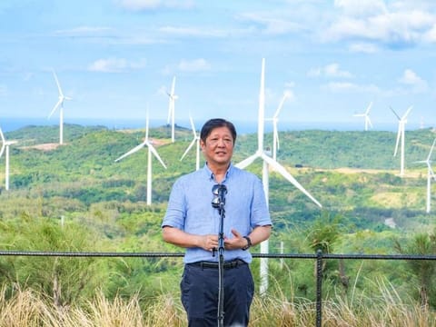 President Ferdinand "Bongbong" Marcos Jr speaks Friday during the inauguration of the 160-megawatt wind farm in Pagudpud, in the Ilocos region.