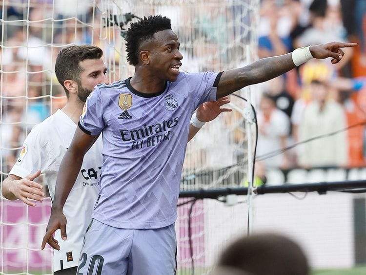 Real Madrid's Brazilian forward Vinicius Junior reacts 