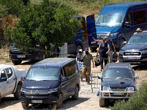 Portuguese Judicial Police (PJ) criminal investigation unit members leave the base camp set near the Arade dam in Silves on May 25, 2023, after the search operation in the investigation into the disappearance of Madeleine McCann (Maddie) has been declared over. 