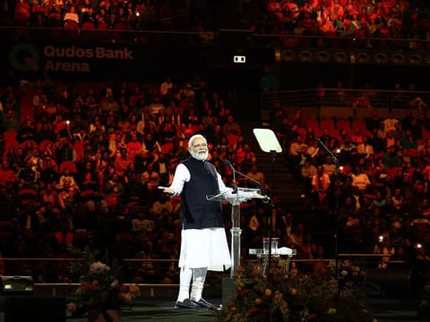 India's Prime Minister Narendra Modi speaks during an event with members of the local Indian community at the Qudos Arena in Sydney on May 23, 2023. Australia vowed to take ties with India to the "next level" on May 23 as it hosted Narendra Modi for a lavish visit heavy on trade 