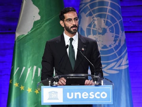 Sheikh Salem bin Khalid Al Qassimi, Minister of Culture and Youth and UAE Permanent Delegate to UNESCO, speaks at the event held by the Africa Group at UNESCO headquarters in the French capital, Paris, coinciding with Africa Day celebrations on May 25 and Africa Week. 