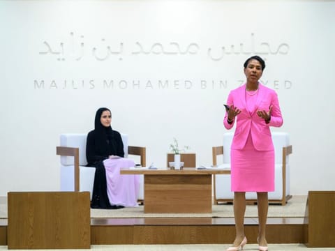 Dr Sharron McPherson (R), delivers a lecture titled “Advancing Technologies For a Climate Resilient Future”, at Majlis Mohamed bin Zayed in Al Bateen Palace. Seen with moderator Dr Faye Mohamed Al Hersh, Head of Business Development for green hydrogen UAE, Masdar (back L). 