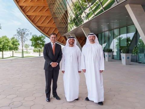 (from left) Karan Bhatia, Sultan Al Hajji and Mohamed Hussain Karmastaji standing for a photo after signed an agreement that will see the collection and analysis of data at traffic intersections in Abu Dhabi