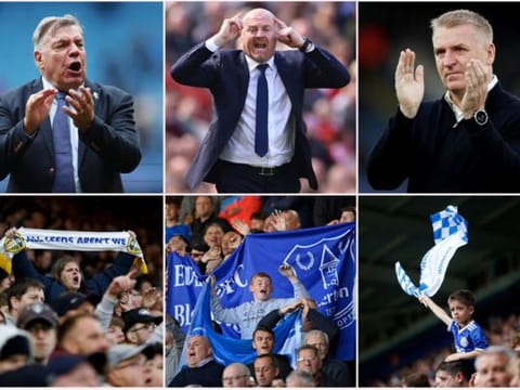 A combination picture shows Leeds United manager Sam Allardyce, Everton manager Sean Dyche, Leicester City manager Dean Smith and football fans from their respective clubs, as only one team will avoid relegation from the Premier League on Sunday.