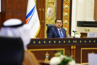 A handout picture released by Iraq's Prime Minister's Media Office shows Iraqi Prime Minister Mohamed Shia Al Sudani attending a meeting with transport ministry representatives in Baghdad on May 27, 2023.  