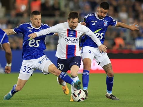 Paris St Germain's Lionel Messi in action against RC Strasbourg.
