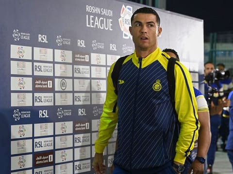 Nassr's Portuguese forward Cristiano Ronaldo arrives ahead of the Saudi Pro League football match between Al-Nassr and Al Ettifaq at the Prince Mohammed Bin Fahd Stadium in Dammam on May 27, 2023.