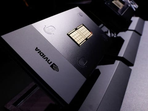 A Nvidia processor and superchips are on display on stage at the COMPUTEX forum in Taipei.