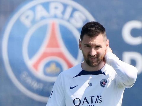 Paris Saint-Germain's Lionel Messi looks on during a training session at club's training ground in Saint-Germain-en-Laye, west of Paris on June 1, 2023.  