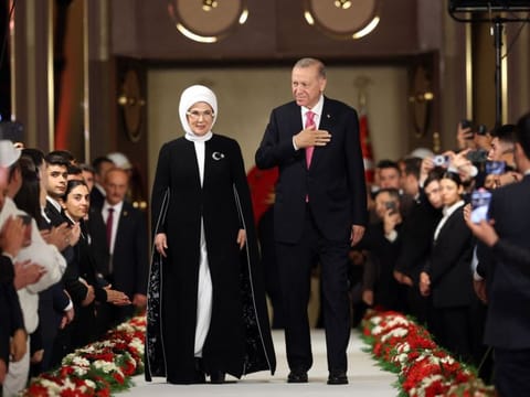 Turkish President Tayyip Erdogan and his wife his wife Emine Erdogan greet guests during his oath taking ceremony at the Presidential Complex, in Ankara, Turkey.  