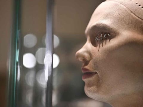 An art piece made by ultra-realistic AI robot Ai-Da is diplayed during the press preview of the London Design Biennale 2023 at Somerset House, central London, on June 1, 2023. 