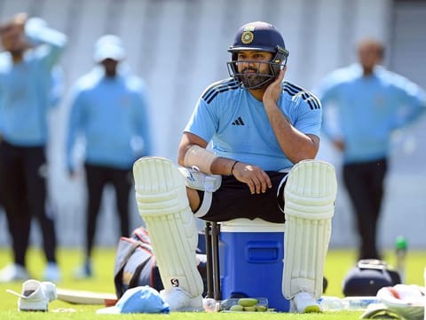 India's skipper Rohit Sharma gets ready for a practice session ahead of the ICC World Test Championship final against Australia at The Oval in London on June 5, 2023. 