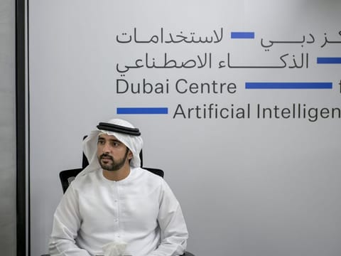 Hamdan bin Mohammed bin Rashid Al Maktoum, Crown Prince of Dubai, Chairman of The Executive Council of Dubai and Chairman of the Board of Trustees of the Dubai Future Foundation, during the launch of the Dubai Centre for Artificial Intelligence (DCAI) at Emirates Towers, AREA 2071