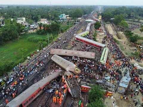 A drone view shows derailed coaches after trains collided in Balasore district in the eastern state of Odisha, India, June 3, 2023.