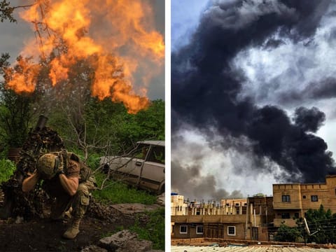 (Left to Right) A Ukrainian soldier fires a mortar at Russian positions on the frontline near Bakhmut, Donetsk region, Ukraine and smoke plumes billow from a fire at a lumber warehouse in southern Khartoum amidst ongoing fighting in Sudan.