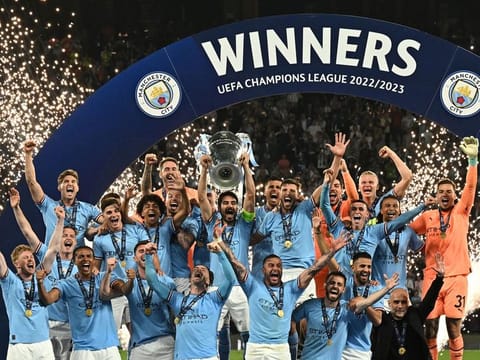 File photo: Manchester City's German midfielder Ilkay Gundogan holds aloft the European Cup trophy as they celebrate winning the UEFA Champions League final at the Ataturk Olympic Stadium in Istanbul, on June 10, 2023. Manchester City beat Inter Milan 1-0. 