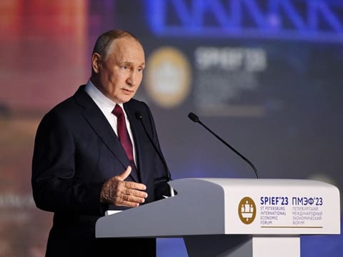 Russian President Vladimir Putin delivers a speech during a session of the St. Petersburg International Economic Forum (SPIEF) in Saint Petersburg, Russia, June 16, 2023.  
