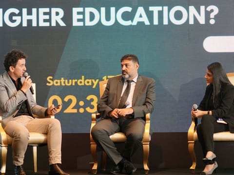 Omar Al Fandi, Associate Dean and Professor at the College of technological innovation at Zayed University and Dr. Khouloud Salameh, Department Chair and Assistant Professor of Computer Science, American University of Ras Al Khaimah, during a panel discussion at Gulf News Edufair 