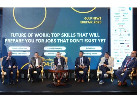 Daniel Adkins, Group CEO of Transnational Academic Group, Education Management Service Provider of Curtin University Dubai; Dr. Elie Menassa, Dean - School of Business, Amity University Dubai;  Prof Paul J Hopkinson, Dean of the College of Interdisciplinary Studies, Zayed University; Abdul Razzak, Manager - Career Services, BITS Pilani, Dubai Campus; Rishi Kishor Gupta - Business Lead, Middle East & Africa – Nothing Phone , Hany Nabeel Rachid, Quality Manager, Sarsan Aviation Academy