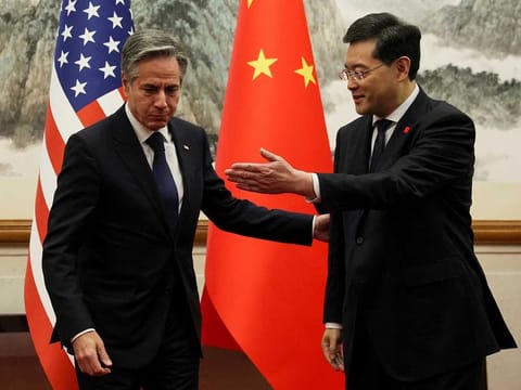 US Secretary of State Antony Blinken meets  with China's Foreign Minister Qin Gang at the Diaoyutai State Guesthouse in Beijing, China, June 18, 2023.