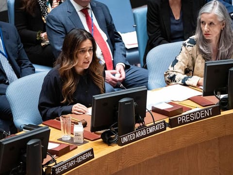 Lana Nusseibeh (left) at the United Nations. She said the aim of the visit was “to learn first-hand what is needed in terms of a humanitarian operations scale-up that meet the needs of the Palestinian people in Gaza.”
