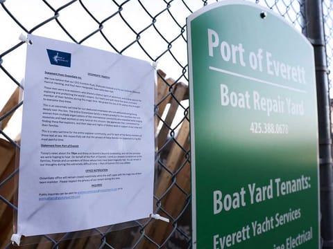 A statement from OceanGate and the Port of Everett addressing the OceanGate tragedy is posted at the entrance of OceanGate Expedition's headqurters in the Port of Everett Boat Yard in Everett, Washington.  