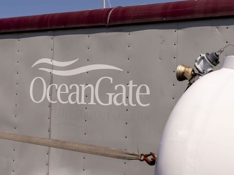 A logo on equipment stored near the OceanGate Inc. offices in Everett, Washington. 