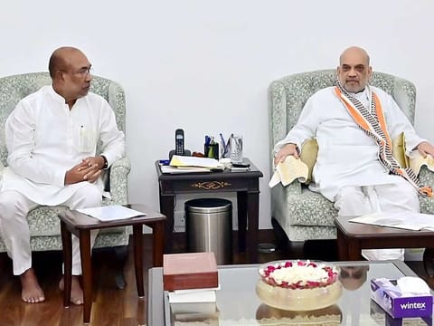 Manipur Chief Minister N Biren Singh meets Union Home Minister Amit Shah, in New Delhi on Sunday, June 25, 2023. 