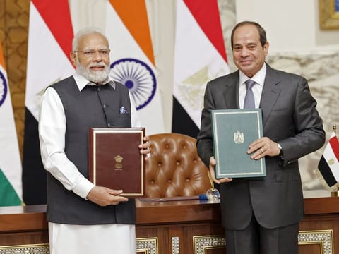 Prime Minister Narendra Modi and Egyptian President Abdel Fattah Al Sisi at the Exchange of MOUs/ Strategic Partnership document, at President House, in Cairo on Sunday, June 25, 2023.
