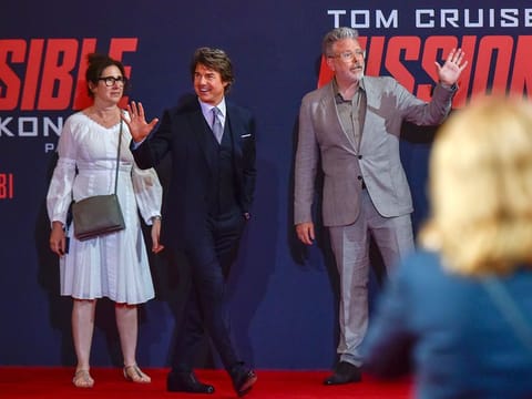 US actor Tom Cruise and director Christopher McQuarrie during the premiere of film 'Mission: Impossible  Dead Reckoning Part One' in Abu Dhabi on June 26, 2023.