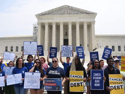 Supporters of student debt forgiveness demonstrate outside the US Supreme Court on June 30, 2023, in Washington, DC.  