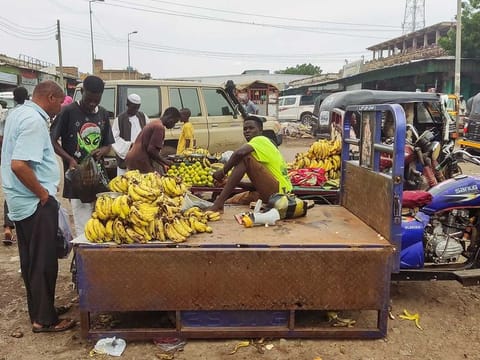 People buy fruits from a street vendor at a market in Gadaref city in war-torn Sudan on July 2, 2023.  
