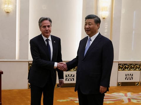 US Secretary of State Antony Blinken shakes hands with Chinese President Xi Jinping in the Great Hall of the People in Beijing, China, June 19, 2023.  