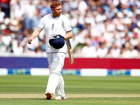 England batter Jonny Bairstow walks back after an ‘unfair dismissal’ during the second innings on Sunday.