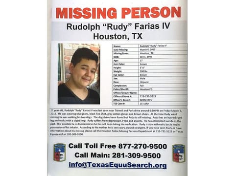 A missing poster for Rudolph "Rudy" Farias IV is shown during the Missing Person Day event at City Hall Sunday, Jan. 31, 2016, in Houston. 
