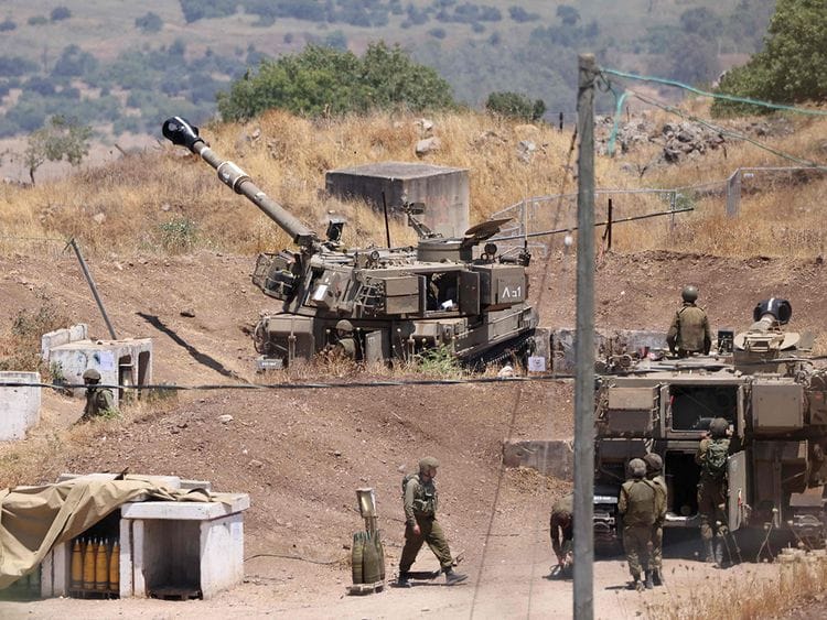 Israeli army tank on the outskirts of Kiryat Shmona near Israel's border with Lebanon on July 6, 2023.   