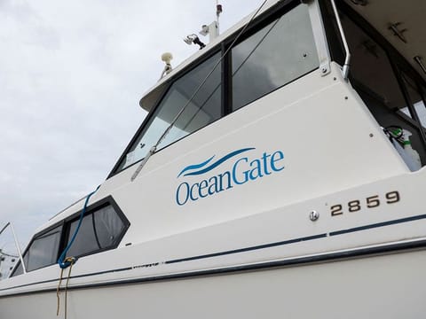 The OceanGate logo is pictured on a boat at the Port of Everett Boat Yard in Everett, Washington. 