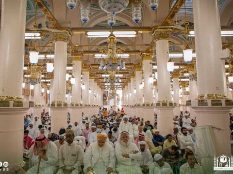 Worshippers gather inside the Prophet’s Mosque in Medina.  