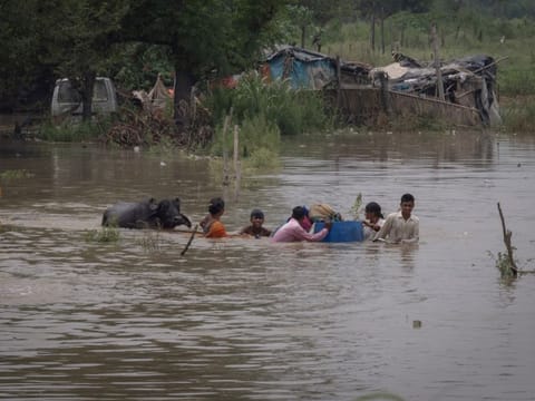 Residents carry their belongings through a field flooded with the rising water level of river Yamuna after heavy monsoon rains in New Delhi on July 11, 2023.  