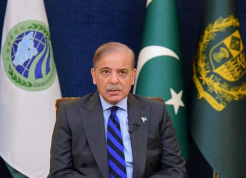 Pakistan's Prime Minister Shehbaz Sharif, addresses the 23rd Shanghai Cooperation Organization (SCO) Summit, hosted virtually by India, in Islamabad, Pakistan July 4, 2023.  