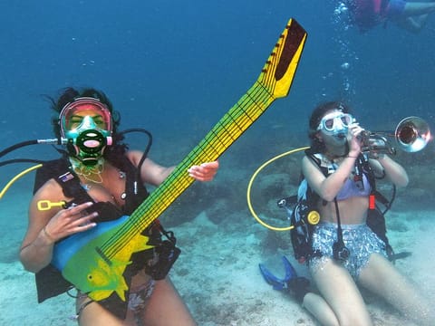 Kelly Angel, left, and Kara Norman, right, pretend to play underwater musical instruments, at the Lower Keys Underwater Music Festival in the Florida Keys National Marine Sanctuary near Big Pine Key. 